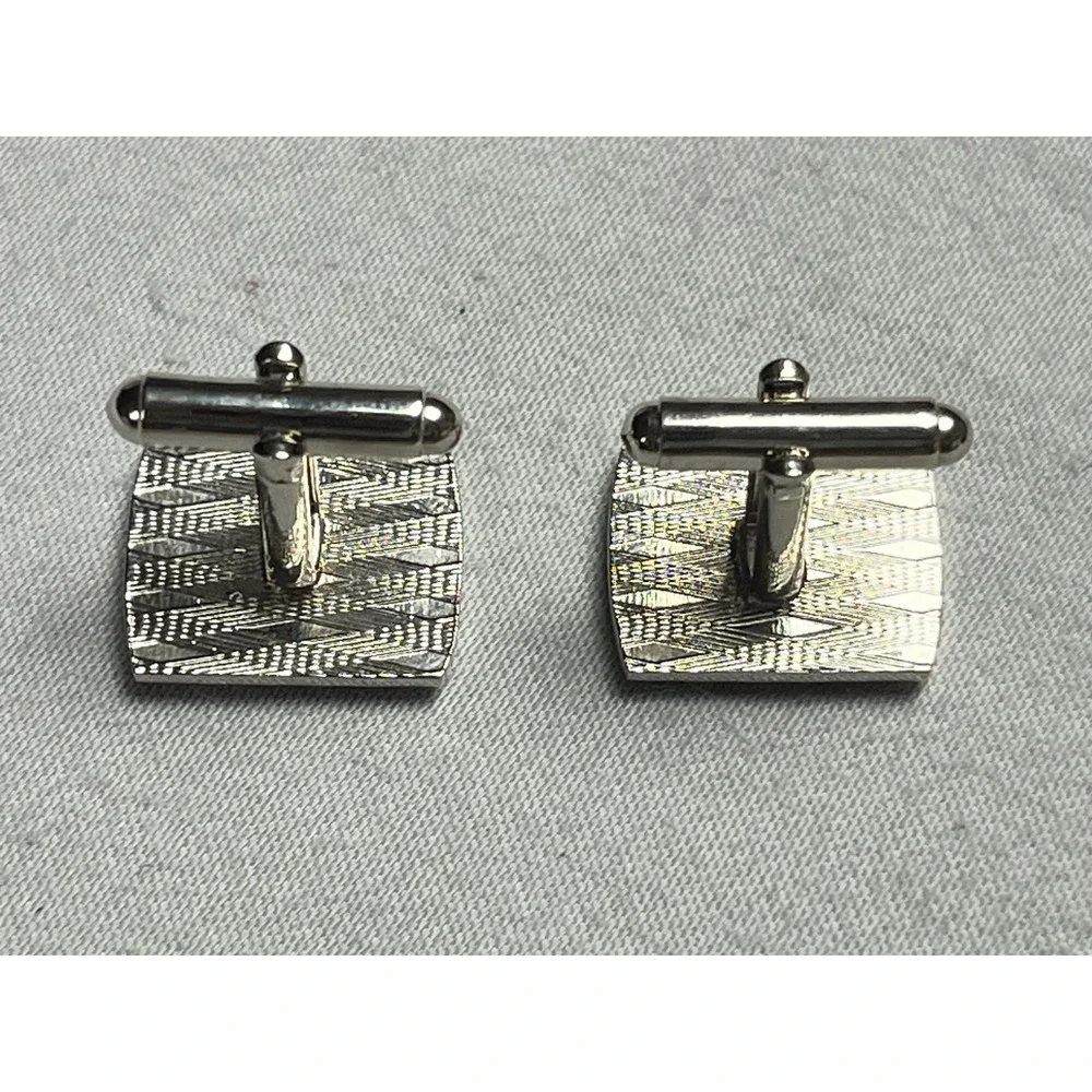 Silver Tone Orange Enamel Striped Rectangular Bullet Back Cufflinks Mens